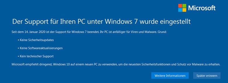 End of Life Meldung Windows 7