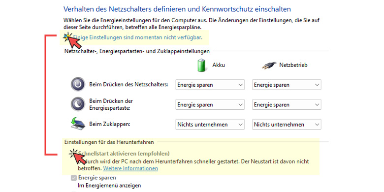 Energieoptionen Microsoft Systemsteuerung