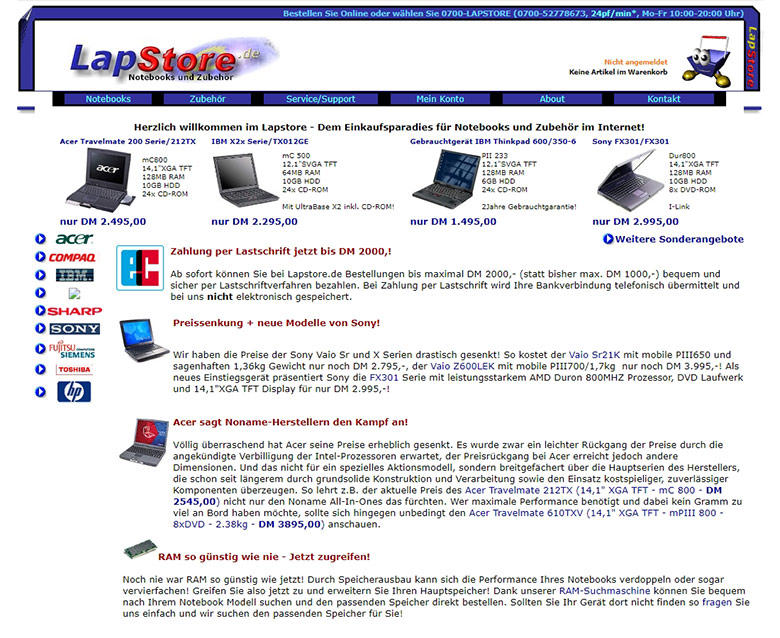 LapStore Webseite Anno 2001
